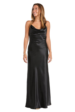 Woman wearing the Cowl-Neck Long Satin Prom Dress: Morgan 10037N, standing and smiling against a plain white background.