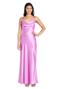 A woman wears the Morgan 10037N, a cowl-neck long pink satin prom dress with spaghetti straps, paired with open-toe heels.