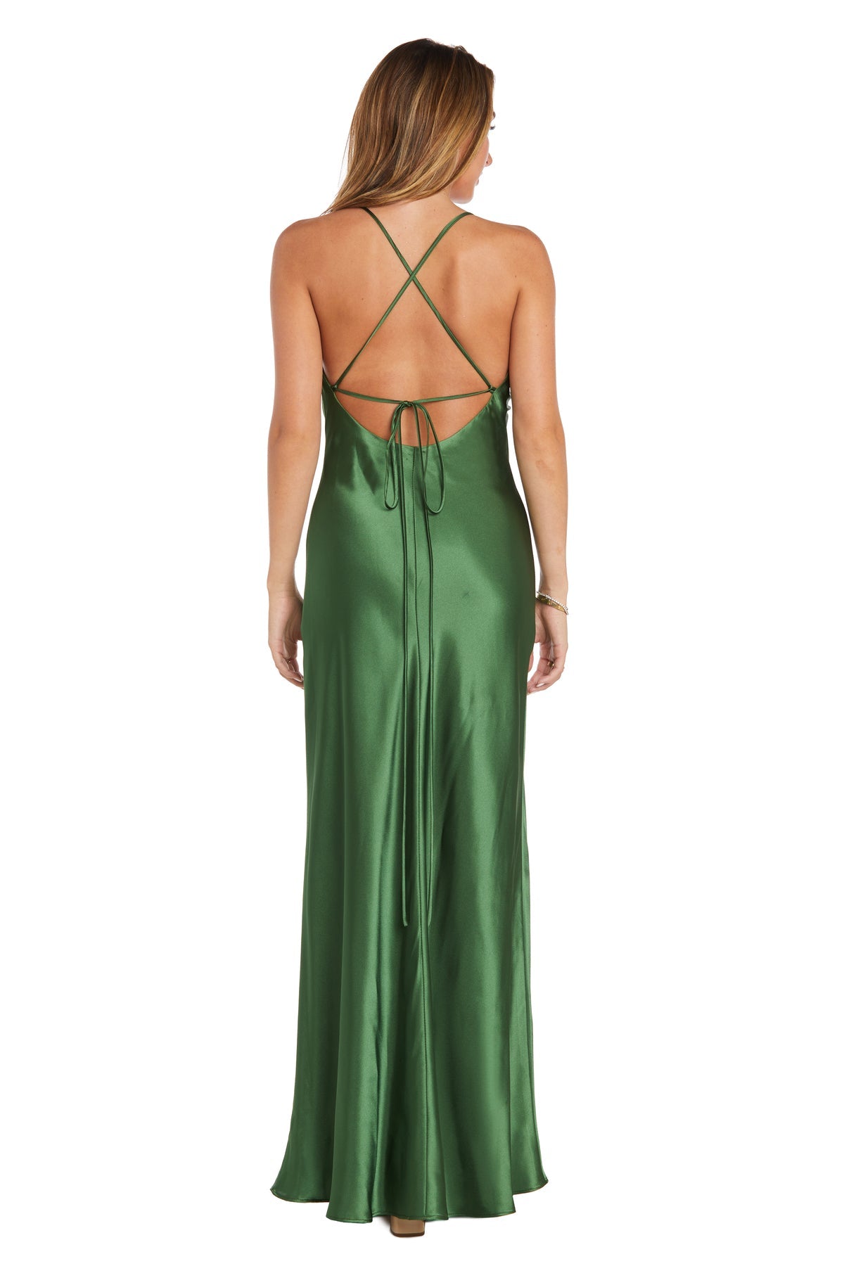 A woman wearing the Morgan 10037N cowl-neck long satin prom dress with spaghetti straps and open back, standing with her back to the camera.