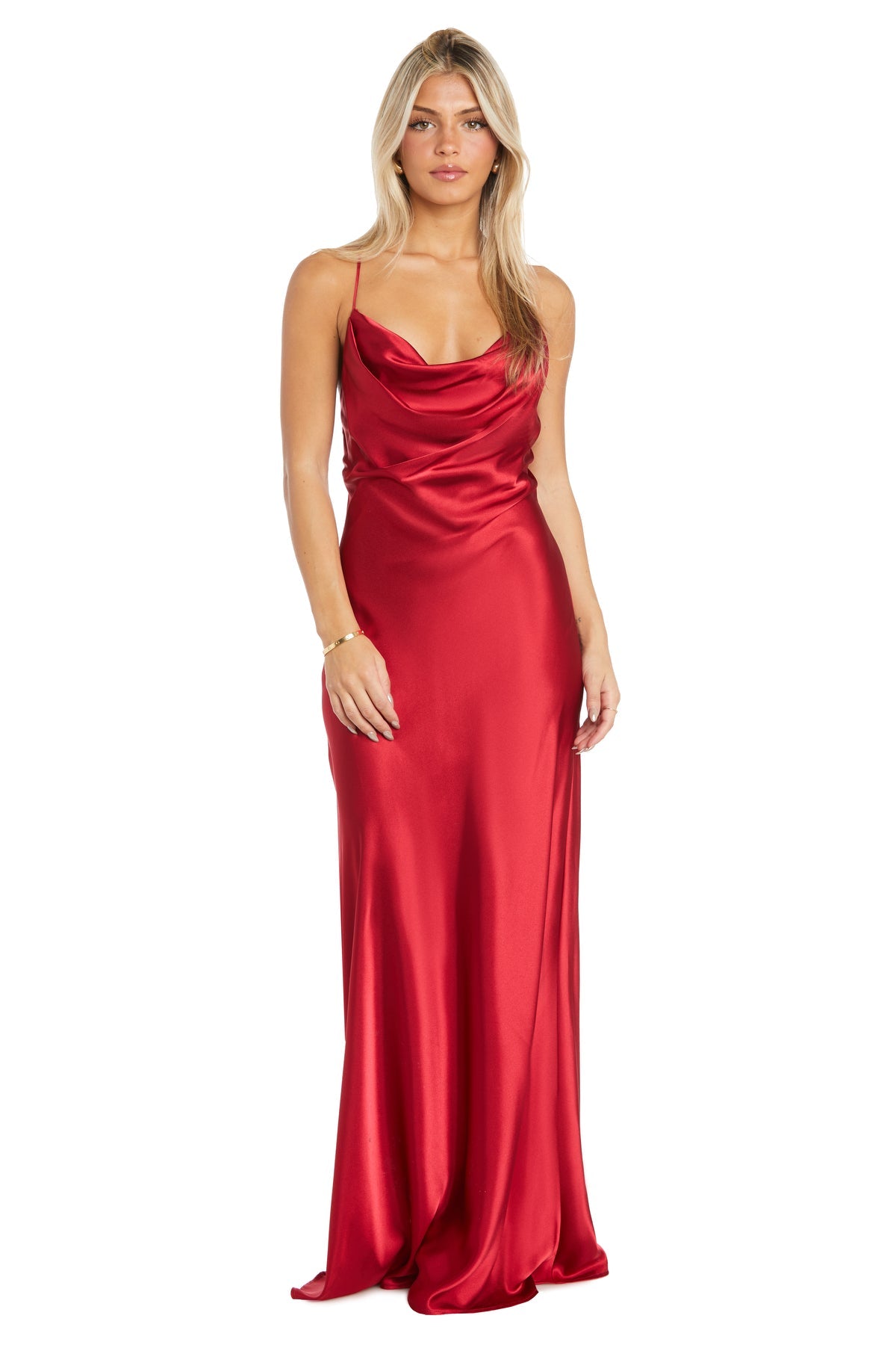 A woman wears the Morgan 10037N Cowl-Neck Long Satin Prom Dress in red with thin straps, posing against a plain white background.