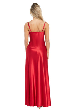 A woman with long blonde hair is shown from behind, wearing the Empire-Waist Long Satin Prom Dress: Morgan 10040N—an elegant, sleeveless, floor-length gown with thin straps in vibrant red satin.