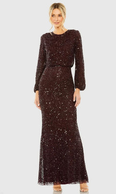 A woman wears the Long Sleeve Olive Formal Gown: Mac Duggal 10044 in Blackberry, featuring long sleeves and a fitted waist, standing against a plain light background.