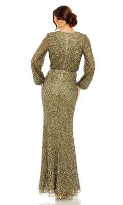 A woman with brown hair in a low bun stands with her back to the camera against a white background, wearing the Mac Duggal 10044 long sleeve olive formal gown.