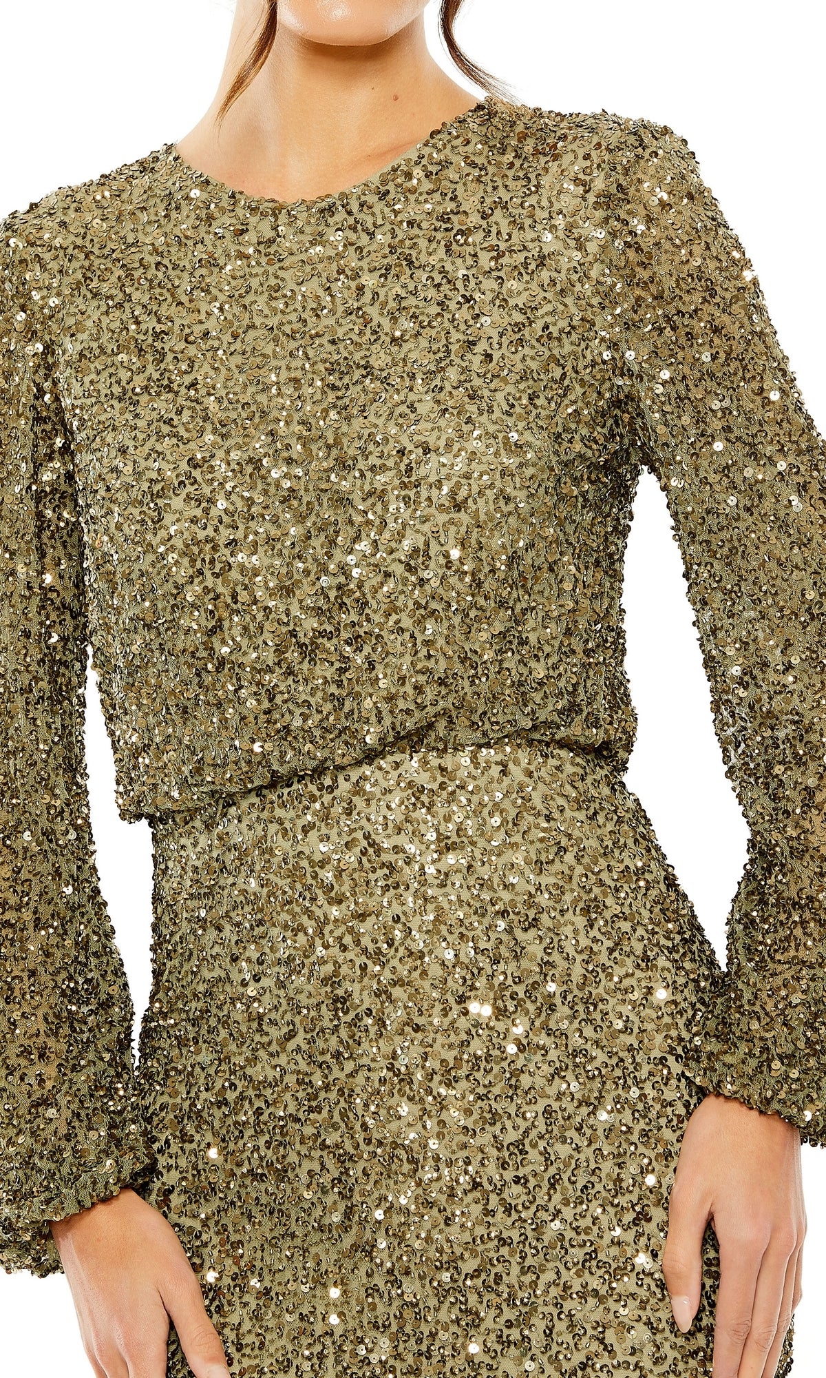 Wearing the Mac Duggal 10044 long sleeve olive formal gown; only the body from shoulders to hips is visible.