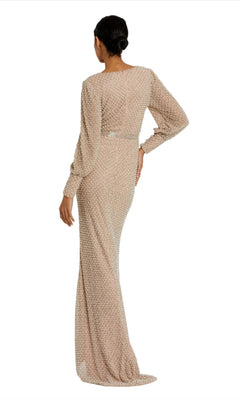 A woman faces away, wearing the Mac Duggal 10062 Long Sleeve Ivory Formal Gown—an elegant beaded dress with pearl embellishments, a high neckline, and a fitted silhouette.
