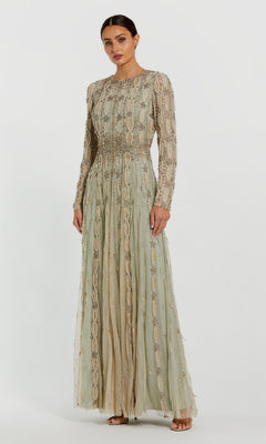sage green dress long sleeve Green Embellished Mesh Long Sleeve A Line Gown