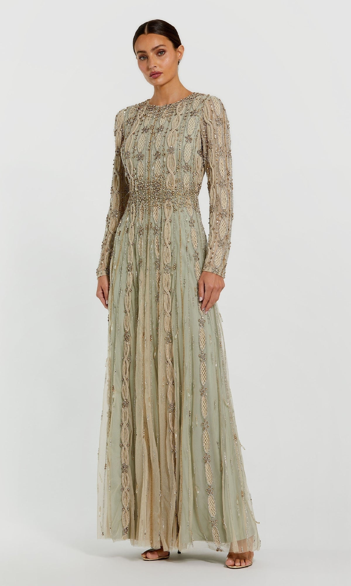 Mac Duggal Collection - Green Embellished Long Sleeve A-Line Gown - Nude Sage / US 18 Mac Duggal Collection - Green Embellished Long Sleeve A-Line Gown - Nude Sage / US 18