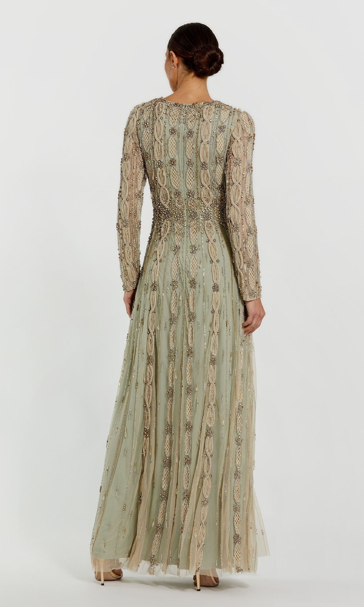 Mac Duggal Embellished Mesh Long Sleeve A-Line Gown - Nude Sage Mac Duggal Embellished Mesh Long Sleeve A-Line Gown - Nude Sage
