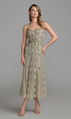 Tea-Length Sage Wedding Guest Dress with Beads – PromGirl