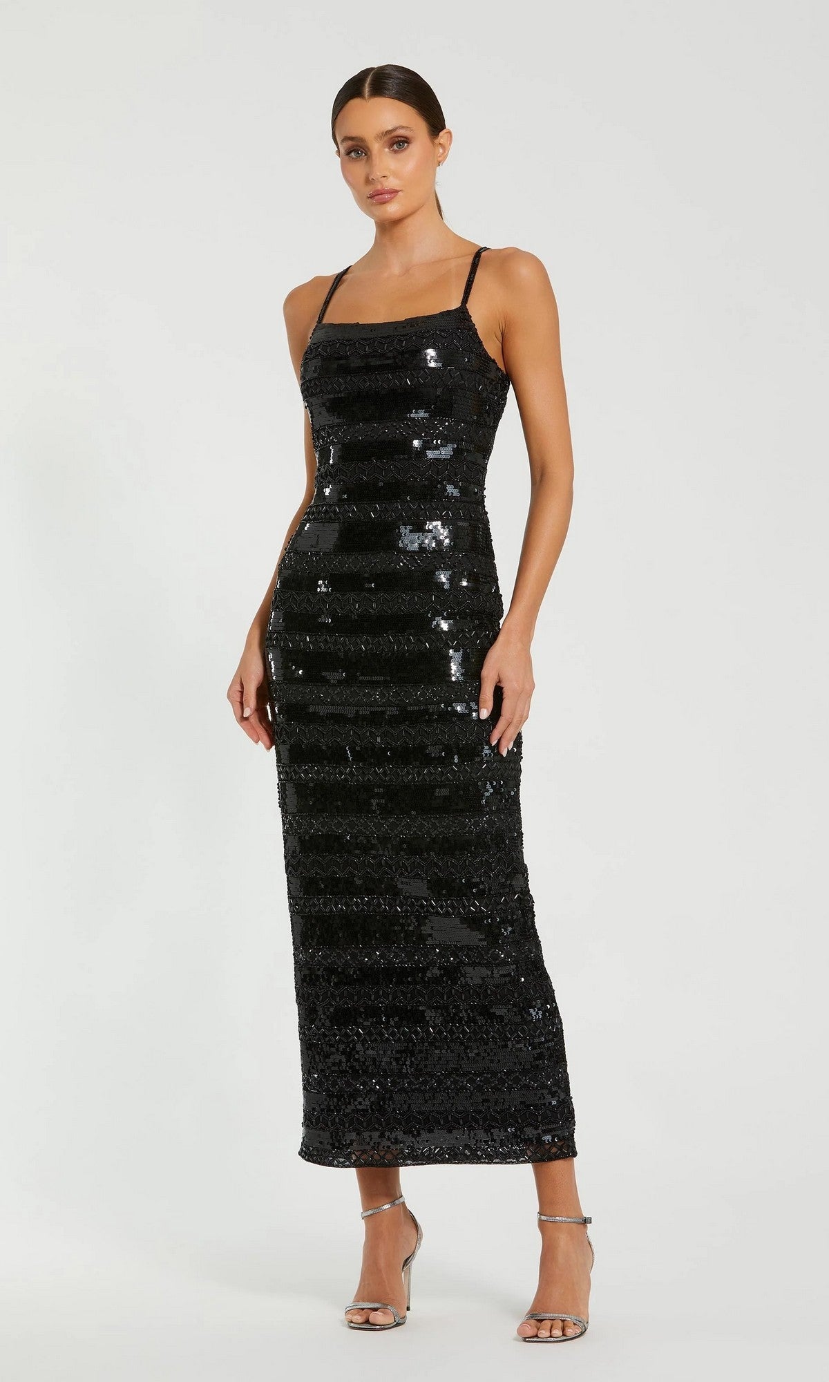 Strapless Black Midi Beaded Party Dress with Sequins – PromGirl