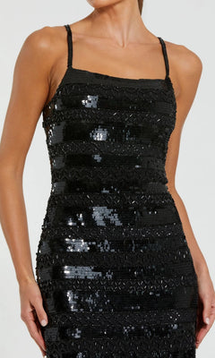 A woman wearing the Midi Party Dress: Mac Duggal 10094, a sleeveless sequin column dress with thin straps, is shown from the shoulders to mid-thigh against a plain background.