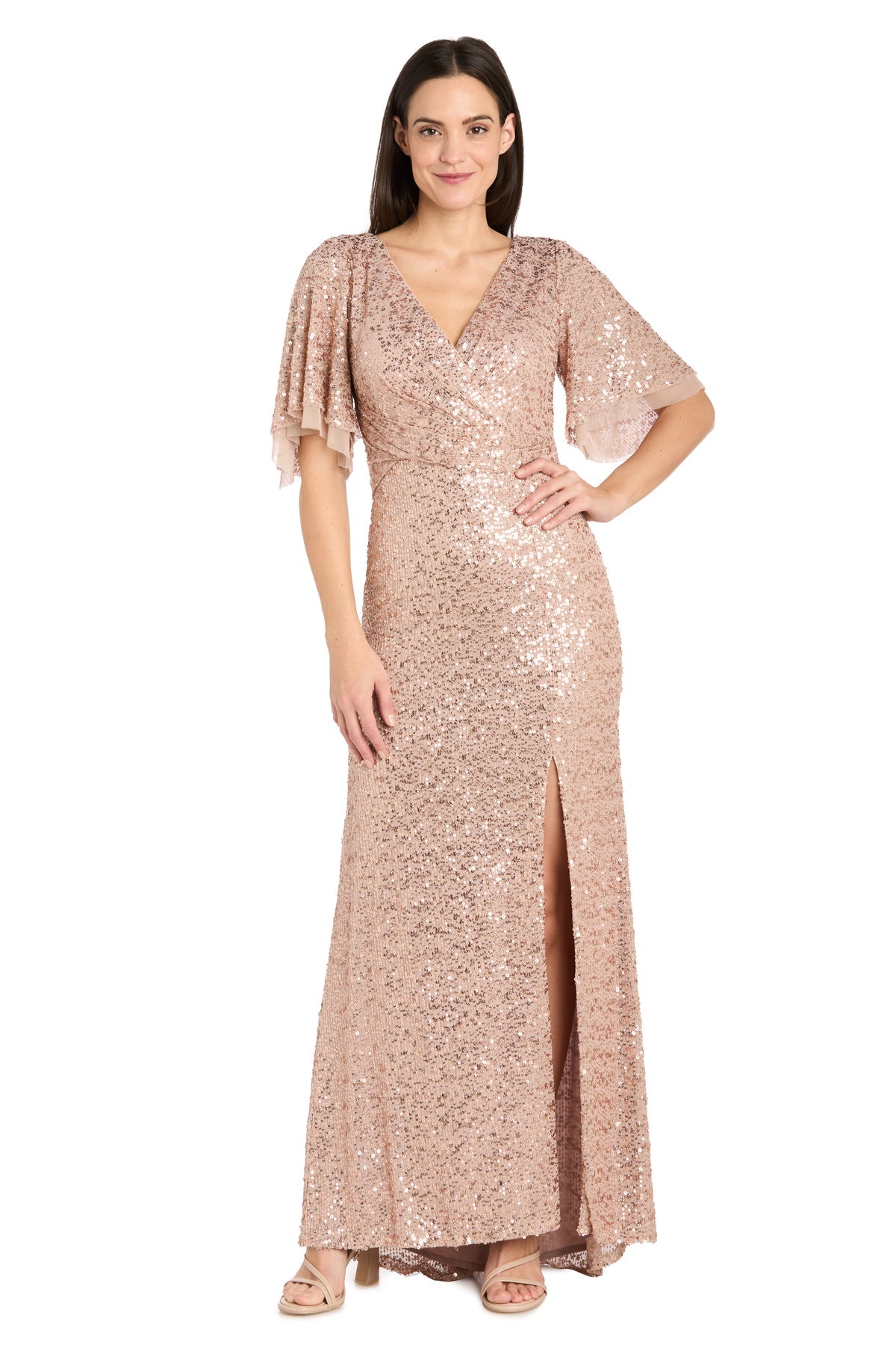 Long Rose Gold Sequin Formal Dress with Cape Sleeves– PromGirl