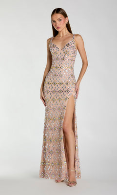 A woman wearing the Mac Duggal 10155 Long Formal Dress in Light Rose, a sleeveless, floor-length gown featuring sequins and a thigh-high slit, stands against a plain light background.
