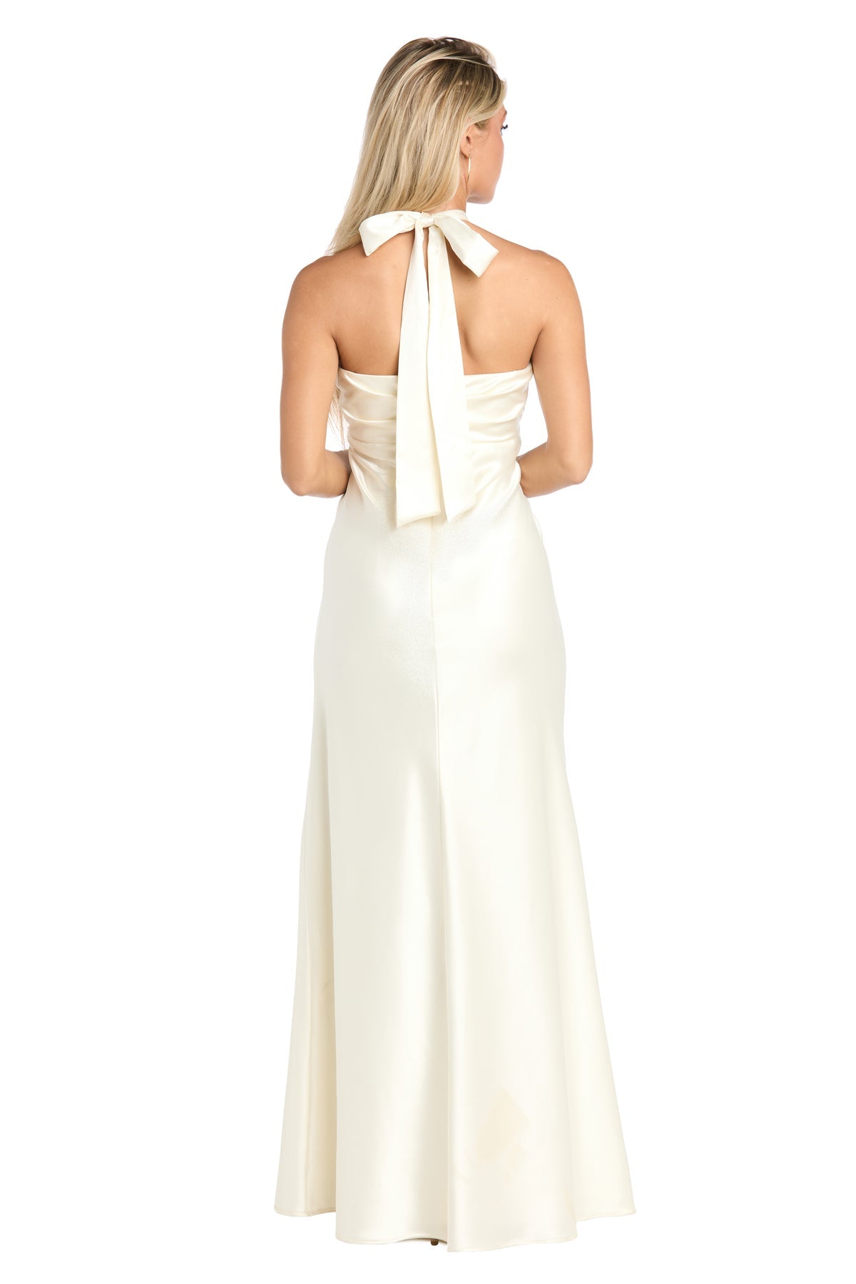 Woman shown from the back wearing the Long Satin Ivory Formal Dress: Morgan 10215, featuring an ivory satin finish with a halter neckline and neck tie, against a white background.