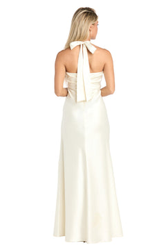Woman shown from the back wearing the Long Satin Ivory Formal Dress: Morgan 10215, featuring an ivory satin finish with a halter neckline and neck tie, against a white background.