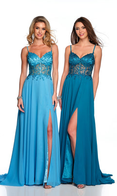 Two women pose side by side in Sheer-Bodice Dave & Johnny Long Prom Dresses with sheer lace bodices and thigh-high slits, set against a plain white background.