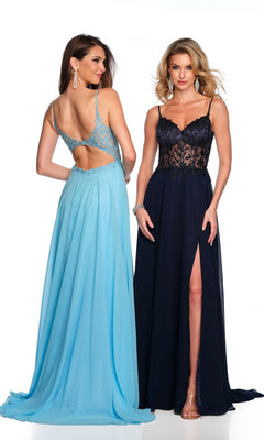 Two women in formal gowns: one in a light blue prom dress with lace and open back, the other in a navy Sheer-Bodice Dave & Johnny Long Prom Dress featuring a thigh-high slit.