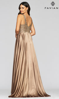 V-Neck Prom Dress with Metallic Embroidered Bodice