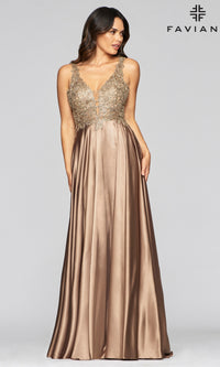 V-Neck Prom Dress with Metallic Embroidered Bodice