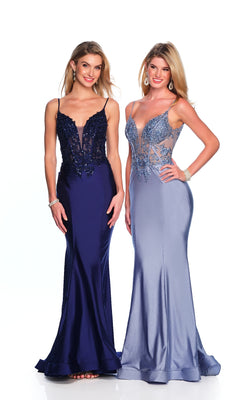 Two women stand side by side in Sheer-Waist Long Prom Dresses (Dave & Johnny A10442) featuring intricate beaded embroidery and sheer bodices, one dress in dark blue and the other in light blue.