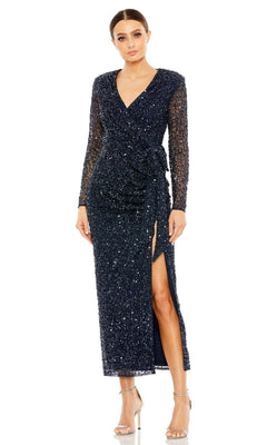 dark blue wedding guest dress Tea-Length Dark Blue Wedding-Guest Dress with Beads– PromGirl