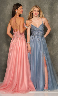 Two women pose side by side in Long Formal Dress A10642 by Dave and Johnny—one wears pink with an open back, the other light blue with a v-neckline and front slit—standing against a gray backdrop.