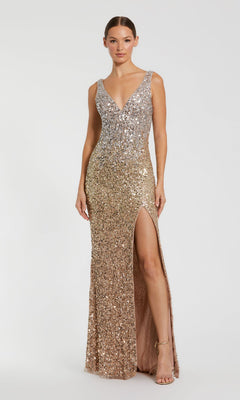 A woman wears the Mac Duggal 1068 Ombre Gold Sequin Formal Dress, a sleeveless V-neck gown with a high slit, standing against a plain white background.