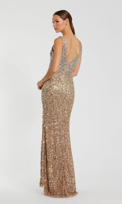 A woman models the Mac Duggal 1068 Ombre Gold Sequin Formal Dress—a sleeveless, floor-length gown—standing against a white background and looking over her shoulder.