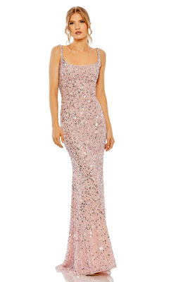 Model wearing the Mac Duggal 10705 Sparkly Long Sequin Formal Dress—light pink, fitted, with thin straps and open back—posed against a white background.