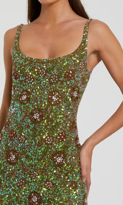 Sequin Formal Dress with Back Slit: Mac Duggal 10755 Olive / 0 Sequin Formal Dress with Back Slit: Mac Duggal 10755 Olive / 0
