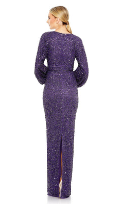 A woman faces away in the Mac Duggal 10791 Sequin Long Sleeve Formal Gown, a floor-length purple sequin dress with a back slit; her hair is styled in a low ponytail.