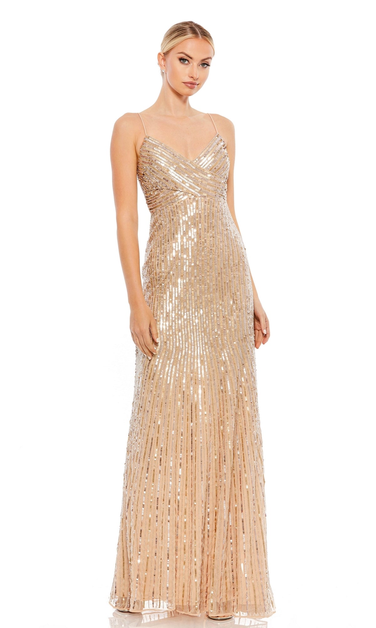 Long Gold Prom Dress with Cascading Sequins - PromGirl