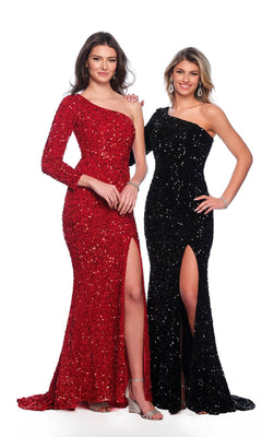 Two women stand together in shimmering one-shoulder sequin gowns: one wears the red Dave & Johnny 10892 with long sleeves and a high slit, while the other is in a sleeveless black long sequin evening dress.