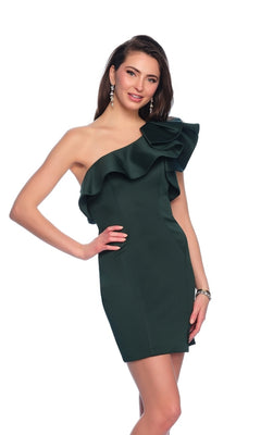 A woman wears the One-Shoulder Short Ruffled Homecoming Dress 10933, featuring a dark green color and asymmetrical neckline, posing with one hand on her hip against a white background.