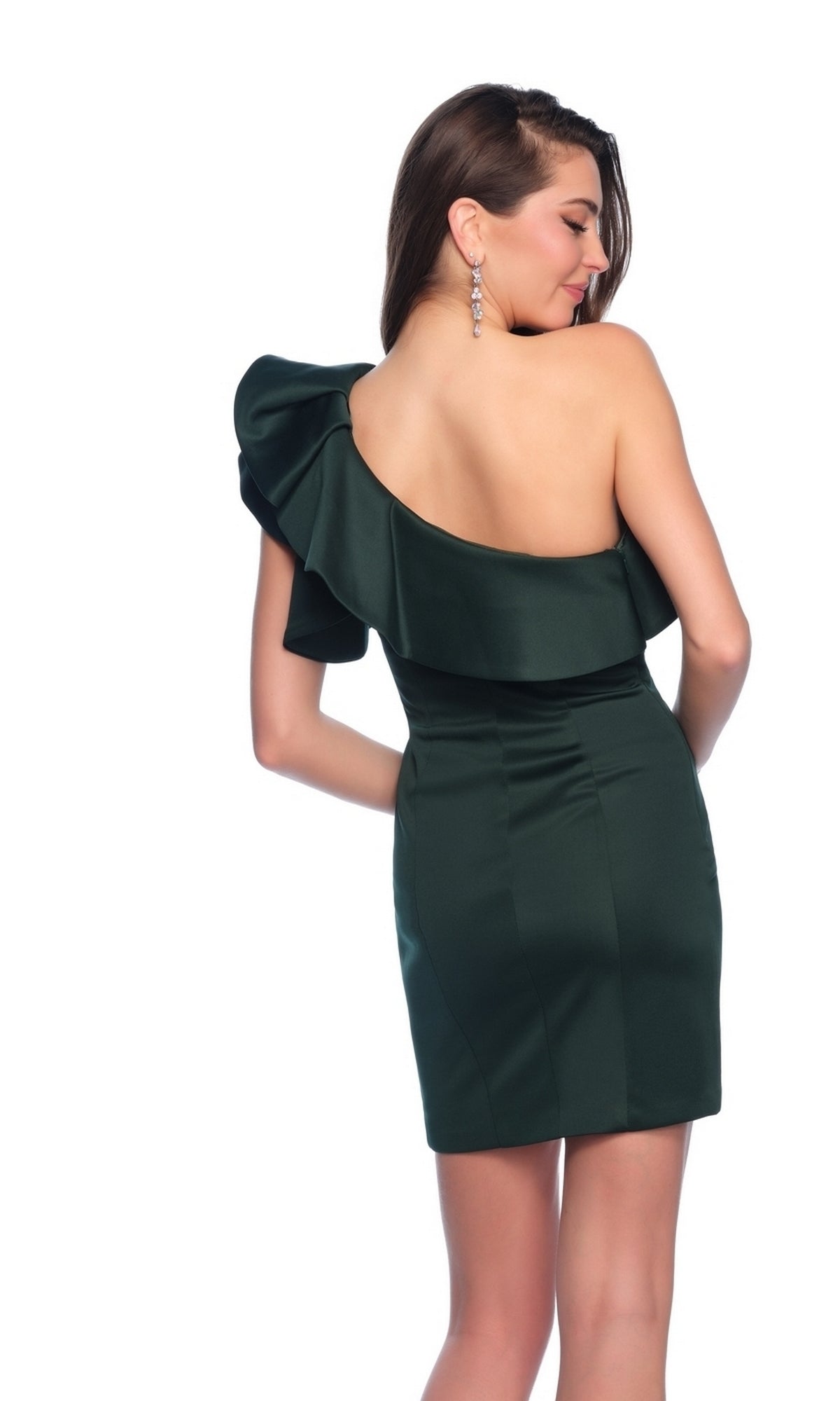 Woman models the One-Shoulder Short Ruffled Homecoming Dress 10933 in dark green, showcasing its asymmetrical neckline with her back to the camera against a white background.