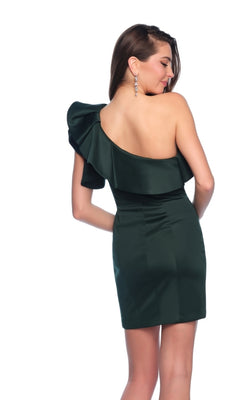 Woman models the One-Shoulder Short Ruffled Homecoming Dress 10933 in dark green, showcasing its asymmetrical neckline with her back to the camera against a white background.