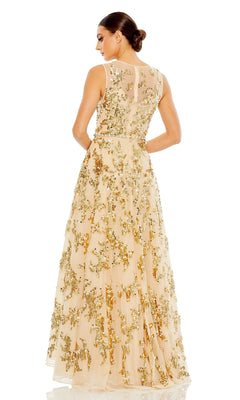 A woman with dark hair in a bun is shown from the back wearing the Mac Duggal Long Formal Dress 10953—a sleeveless, floor-length nude A-line gown with gold sequin and delicate gold bead embellishments.