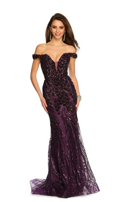 A woman wearing the Dave and Johnny Long Purple Prom Dress 11002, an off-the-shoulder fitted gown with sparkling sequins, stands and smiles at the camera.