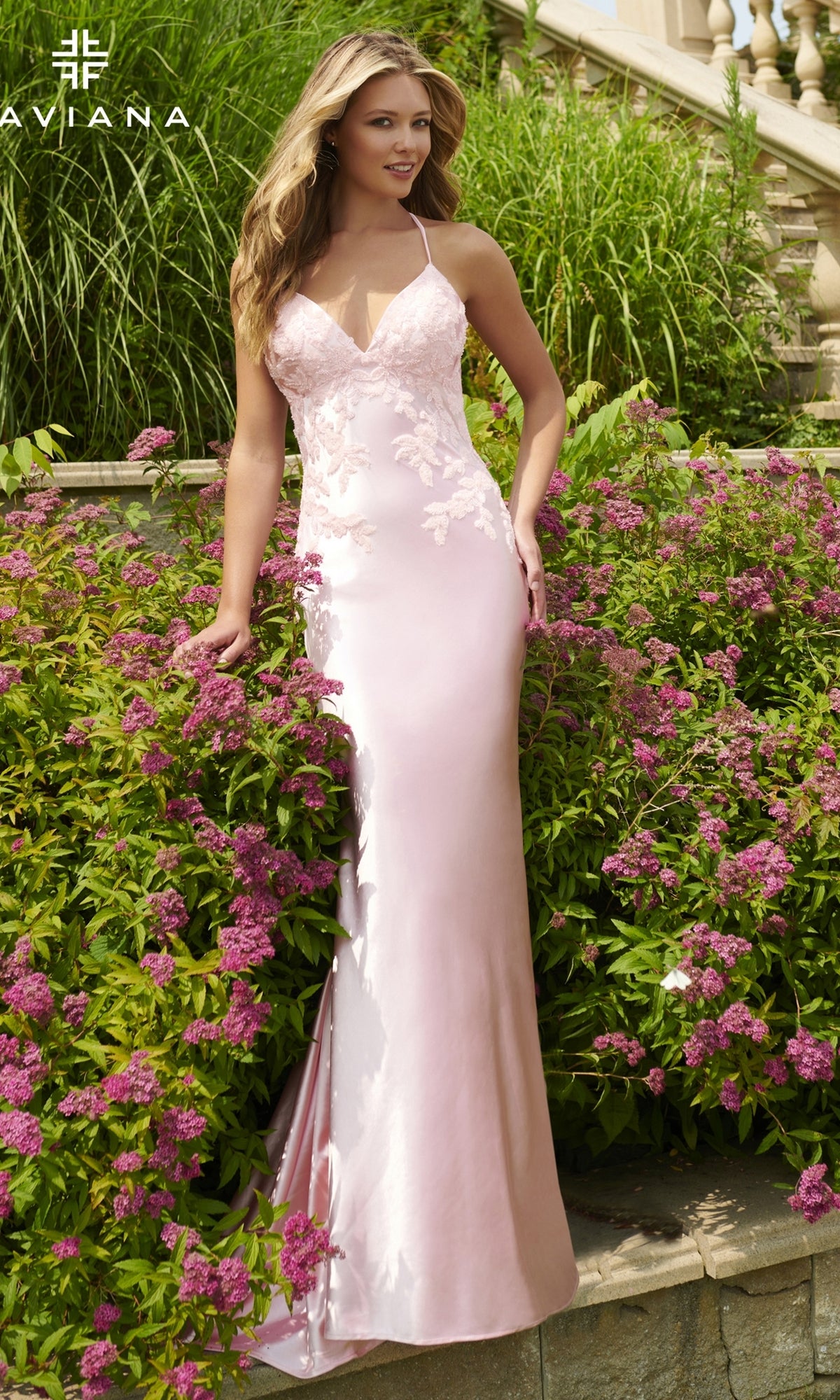 Faviana Lace-Applique Long Prom Dress 11002