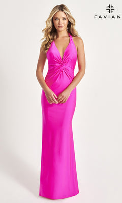 A woman models the Faviana Twist-Knot Long Halter Prom Dress 11014 in bright pink, floor-length style with a twist-knot front, standing against a plain light background. "FAVIAN" is displayed in the top right corner.