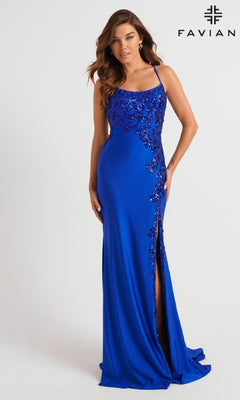 A woman models the Faviana Tonal-Embroidered Long Prom Dress 11017, a fitted royal blue gown with sequin details and a thigh-high slit, standing against a plain white background with the Faviana logo—a striking pick for prom or formal events.