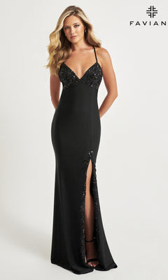 A woman models the Beaded-Applique Faviana Long Prom Dress 11019—black, floor-length with thin straps, sequins, beaded applique, and a thigh-high slit—standing against a plain light background with the "FAVIAN" logo visible.