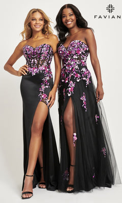 Two women wear the Faviana Strapless Embroidered Long Prom Dress 11029, featuring corset-style bodices, vibrant purple and pink floral embroidery, and thigh-high slits. They stand side by side against a plain background with the "FAVIAN" logo.
