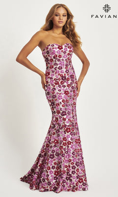 A woman models the Faviana Long Strapless Floral Prom Dress 11036, covered in pink, purple, and red floral sequins, against a plain backdrop with the Faviana logo. This elegant sequin dress is perfect for prom or any special occasion.