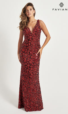 fitted lace wedding dress Red Long Satin Prom Dress With Beaded Applique And Scoop Neckline main image 0