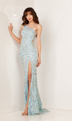 strapless open back dress Cut-Out One-Shoulder Beaded Long Prom Dress 1103 Sky/Silver / 00