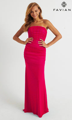 A woman models the Faviana Corset Long Strapless Prom Dress 11040, a floor-length, bright pink gown with subtle embellishments. She stands against a plain white background with the Faviana logo in the top right corner.