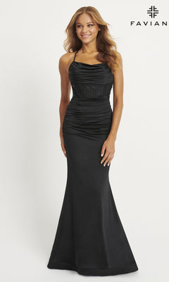 A woman poses against a white background with the FAVIAN logo, wearing the Cowl-Neck Faviana Long Corset Prom Dress 11043 featuring a fitted silhouette, spaghetti straps, ruched bodice, and flared hem.