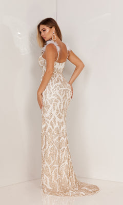 A woman models the Feather-Strap Long Sequin Prom Dress 1104, a sleeveless gown with gold and white sequins and feathered straps, standing partially turned away on a plain white background.