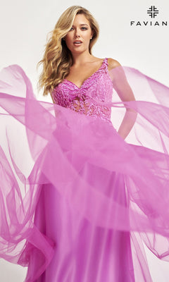 A woman wears the Faviana Sheer-Bodice Long Tulle Prom Dress 11055, a sleeveless, floor-length pink gown with lace accents and flowing sheer fabric. The "FAVIAN" logo is in the upper right of this elegant scene.